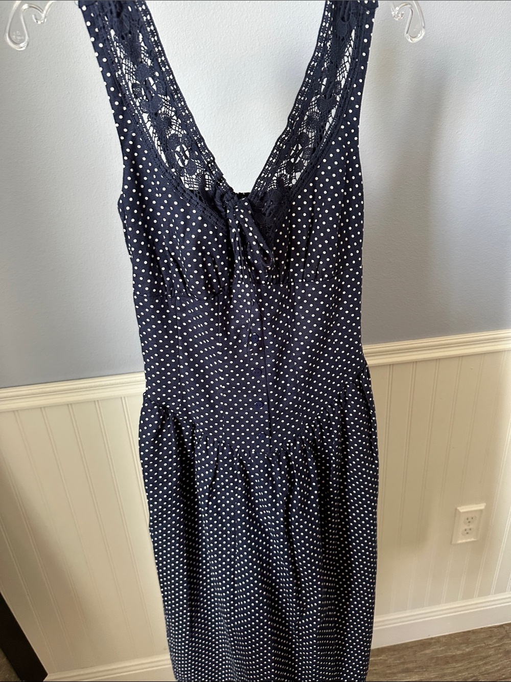 wild fable Navy and White Polka Dot Midi Dress with Lace Trim